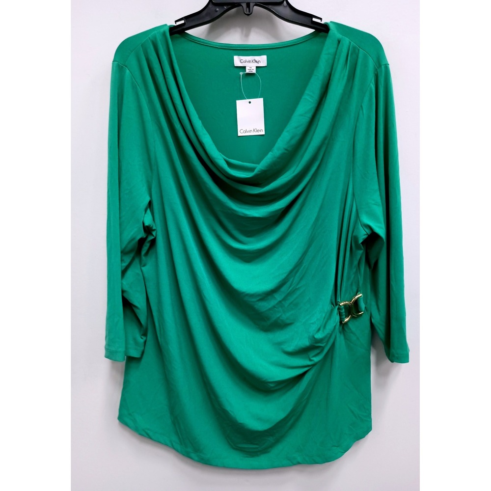 Calvin Klein Blouse Top Womens 1X Green Cowl Neck 3/4 Sleeve Gold Hardware NEW